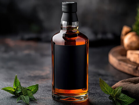 Minimal and detailed typography on MOCAMBO whisky packaging with a bold red bottle design showcasing elegance