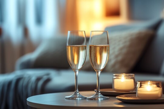 cozy housewarming party setting with champagne glasses on table plenty of copy space around them