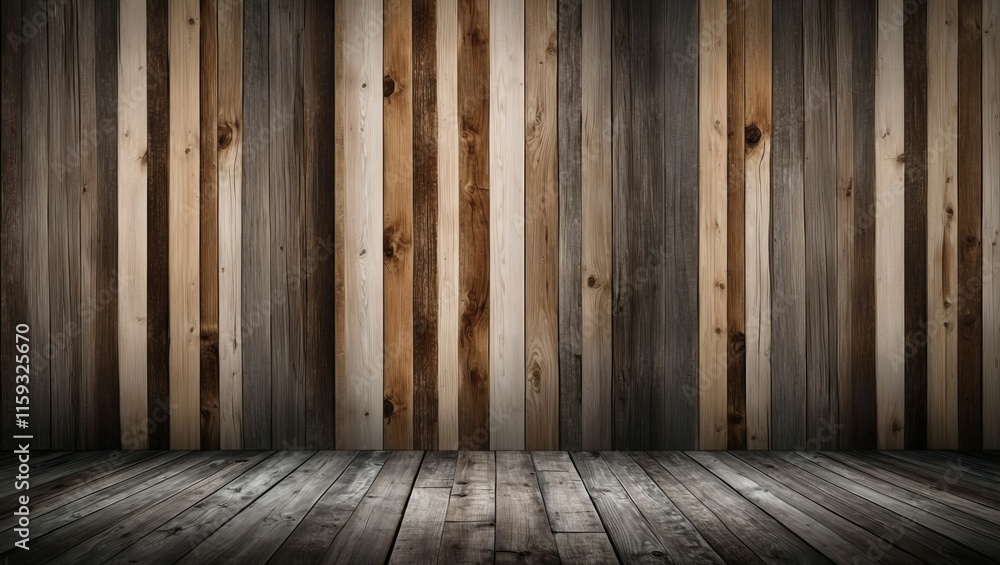 Poster textured wooden backdrop features a blend of light and dark panels creating a rustic and modern atmo