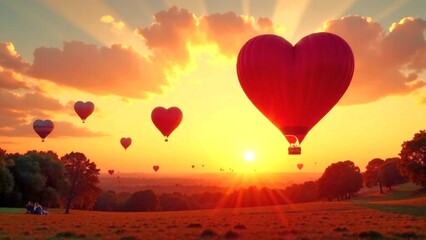 Fototapeta premium In the rays of the sun, balloons in the shape of red hearts float in the sky, a surprise with love for travel and your loved ones.