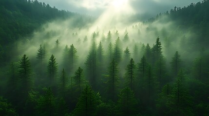 Misty sunrise illuminating a dense evergreen forest on a mountainside.