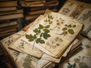 Collection of nature illustrations with detailed floral and plant drawings, featuring dried leaves, pressed flowers, herbs, and mosses in a classic antique style.