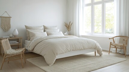 scandinavian bedroom with simple white bed and wooden furniture
