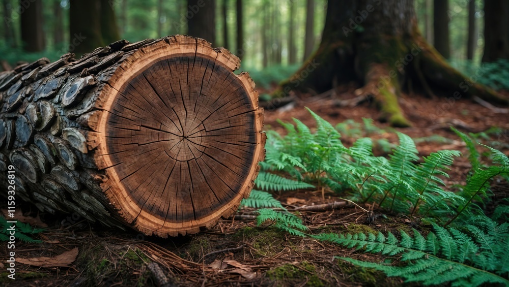 Poster close up view of a tree trunk in a serene forest setting, surrounded by ferns and greenery, showcasi