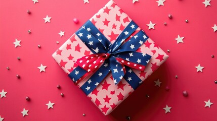Obraz premium Star patterned gift box with blue ribbon on red background Happy 4th of July, Independence Day USA
