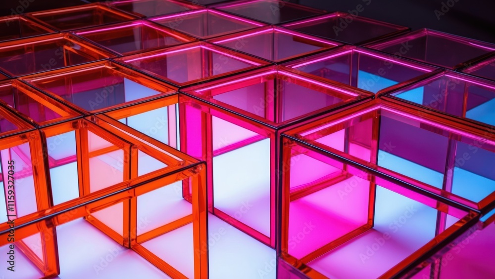 Poster colorful transparent cubes arranged in an abstract pattern, creating a modern artistic atmosphere wi