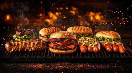 Grilled burgers and hotdogs on smoky bbq grill with flames and seasonings Happy 4th of July, Independence Day USA