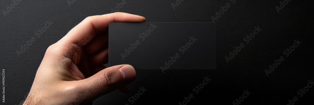 Fototapete sleek black gift card held by hand against a dark background with space for custom text or design. g