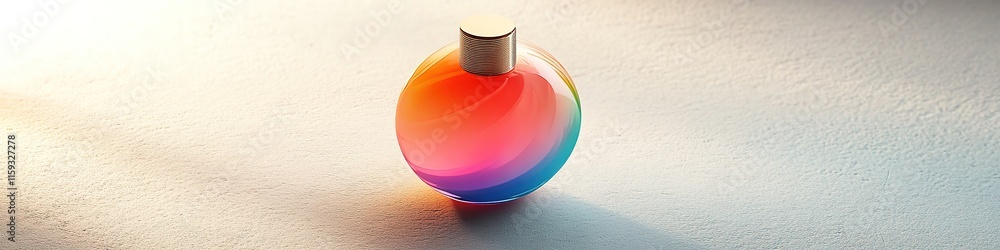 Poster vibrant round perfume bottle with gradient design placed on matte white surface under diffused light
