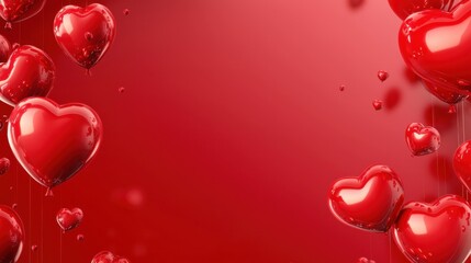 Obraz premium Background of red heart balloons. Festive photo zone for Valentine's Day. Background for cards, banners, invitations, congratulations, volumetric 3D shiny glossy heart-shaped balls