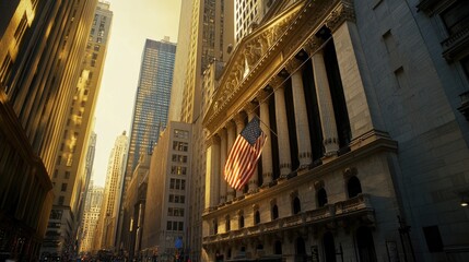 Fototapeta premium New york city financial district at dusk with american flag on historical building Happy 4th of July, Independence Day USA