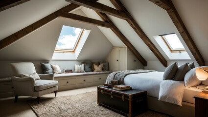 Spacious attic bedroom features rustic wooden beams, natural light from skylights, and cozy decor, ideal for relaxation and comfort