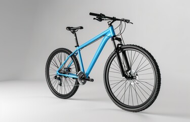 Naklejka premium Blue mountain bike, angled view, studio.