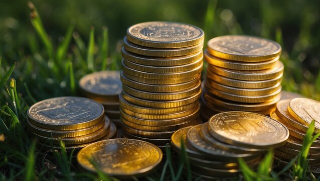 Stacks of golden coins on green grass, symbolizing wealth and prosperity  Great for finance and investment concepts or financial growth themes