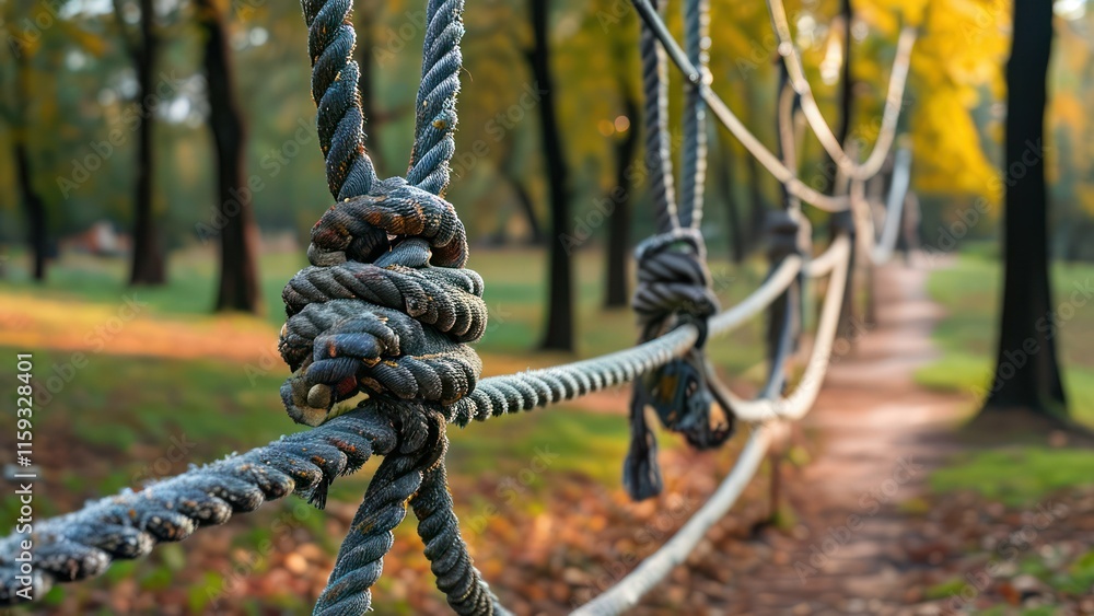 Poster rope pathway in park with trees and autumn foliage, creating a tranquil scene ideal for outdoor expl