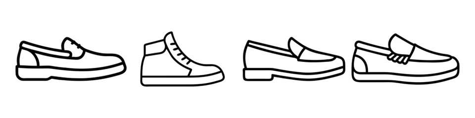 Versatile Footwear Icon Set in Line Art - A collection of line art footwear icons including boots, heels, loafers, sneakers, sandals, and casual slip-ons, ideal for fashion designs.
