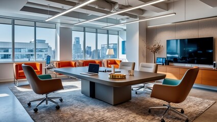 Bright, modern office conference room featuring stylish furniture, city views, and a collaborative atmosphere ideal for meetings and professional discussions