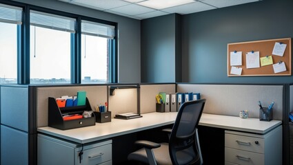 Modern office workspace featuring organized desk and cubicle with natural light, ideal for productivity and professional environments