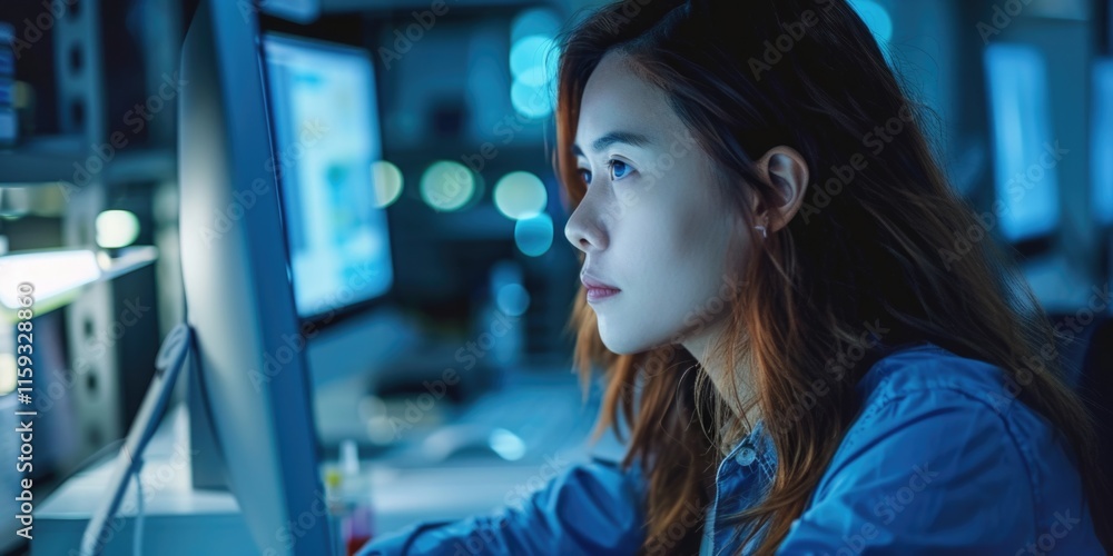 Poster a professional woman in a server room analyzing computer data on multiple screens.