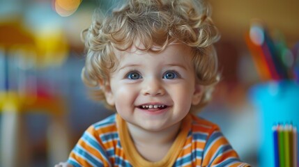 Fototapeta premium Happy toddler with curly hair enjoys colorful crayons in playful classroom setting