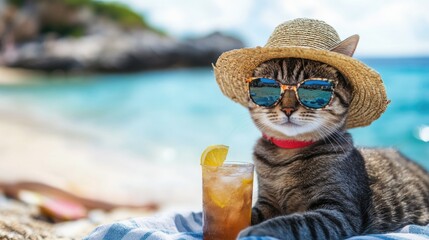 Cat relaxing on tropical beach with sunglasses and straw hat
