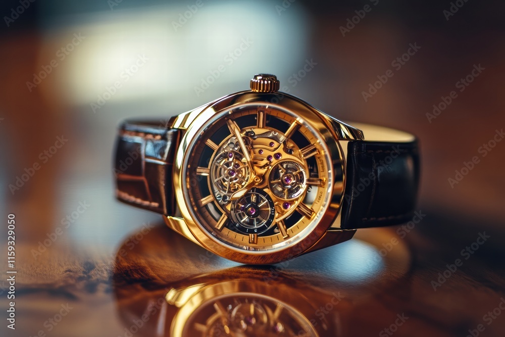 Poster luxury wristwatch with golden frame highlighting intricate design on a wooden table. generative ai