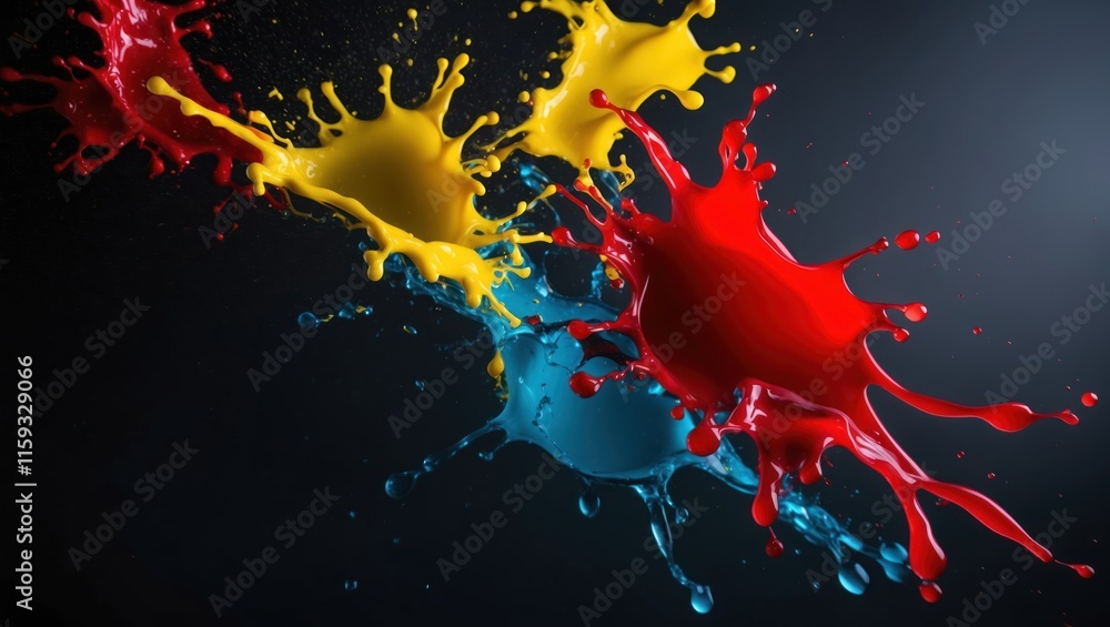 Poster dynamic splash of vibrant paint in red, yellow, and blue, creating an energetic and colorful abstrac
