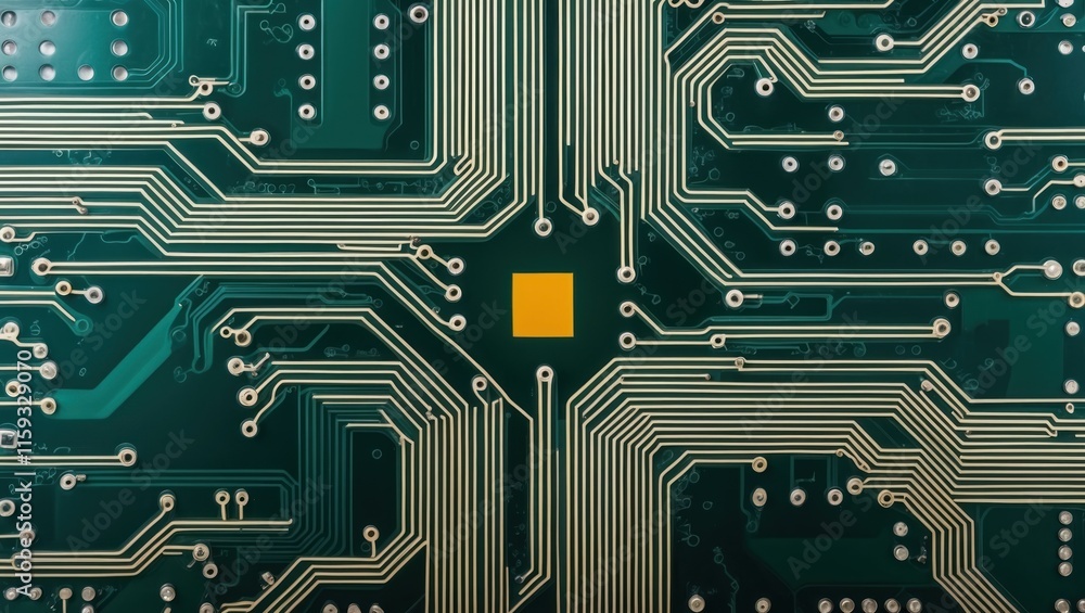 Aufkleber close up of intricate circuit board with central microchip emphasizes technology, electronics, and m