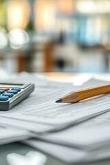 close-up of financial papers pencil and calculator with blurred background of office environment