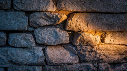 Fototapeta premium Close up view of a rustic stone wall, showcasing intricate textures illuminated by warm light, ideal for architectural and design concepts