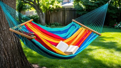 Vibrant hammock beneath a tree in a backyard, inviting relaxation and reading on a sunny day, perfect for leisure and outdoor enjoyment