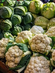 Obraz premium Stacked white cauliflower and green cabbage heads at a market.