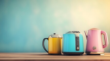 Colorful Kitchen Appliances on Wooden Surface