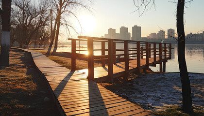 Sun glare at dawn of the day illuminates the embankment of the city park, the walking area, the wooden pier, the path of boards, the morning light, the pond embankment