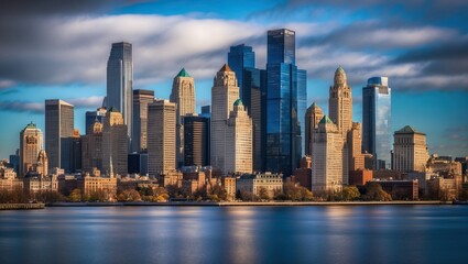 Fototapeta premium Vibrant urban skyline with modern skyscrapers reflecting on water, showcasing city life and architecture under a beautiful sky