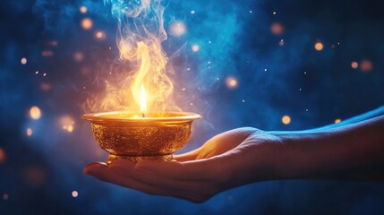 Hand holding mystical golden bowl with glowing flame and blue light. Ramadan Mubarak