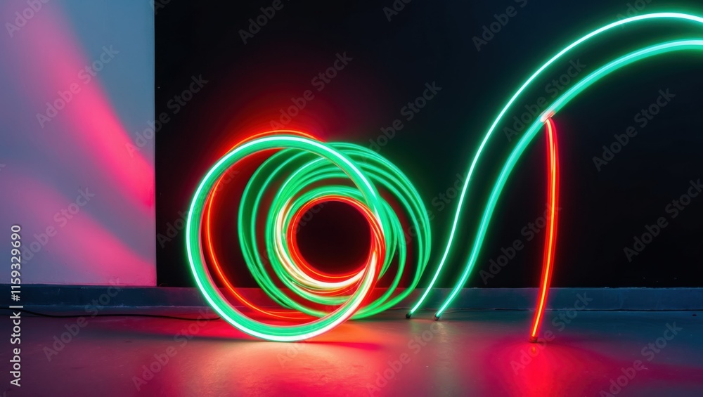 Poster vibrant neon light trails create an abstract, dynamic composition showcasing swirling movement and c