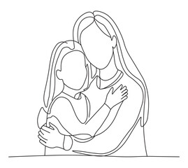 Happy Mom and Daughter Hugging Continuous Line Art Drawing. Mother and Daughter Embrace Minimalist Line Art Illustration. Mom and Daughter Bonding Continuous Line Sketch. 