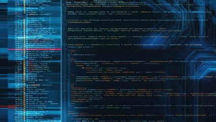 Futuristic digital interface showcasing lines of code overlaid on an abstract blue background, ideal for technology and coding concepts
