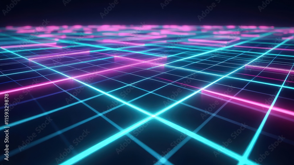 Poster a digital communication grid with glowing neon lines in shades of cyan and magenta, dynamically flow