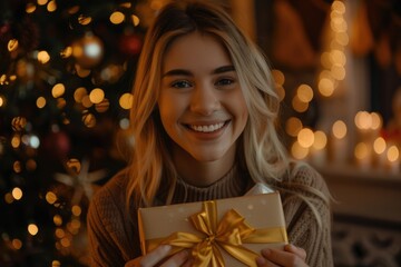 Happy young woman holding a gold and red gift box at Christmas time