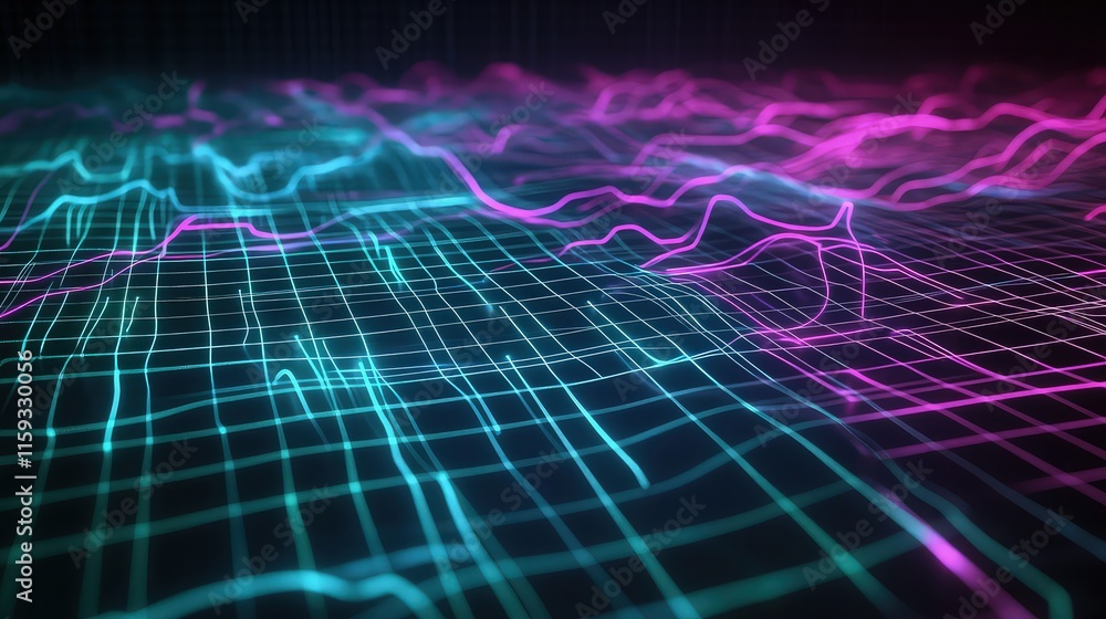 Poster a digital communication grid with glowing neon lines in shades of cyan and magenta, dynamically flow