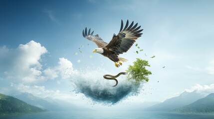Obraz premium Majestic Eagle Soaring Above a Serpentine Form in a Magical Landscape with Water, Trees, and Sky Elements Representing Nature's Harmony and Power