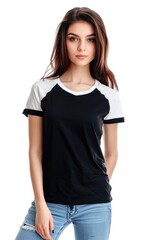 Obraz premium A woman wearing a black and white graphic t-shirt, showcasing the design for fashion purposes.