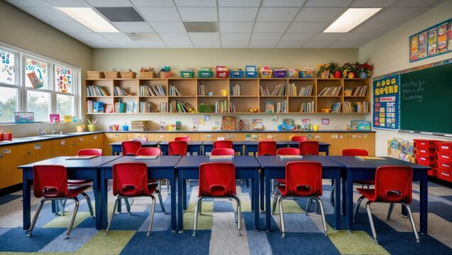 Bright and organized classroom featuring red chairs, blue tables, and shelves filled with educational materials, creating an inviting learning environment