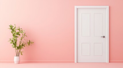 Minimalist Interior Design Featuring White Door Against Soft Pink Wall with Potted Plant for Modern Aesthetic and Cozy Atmosphere