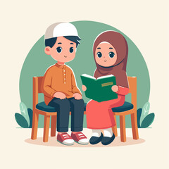 Boy and girl sitting on chairs reading a book, perfect for educational materials, schoolrelated designs, and childhoodthemed projects.