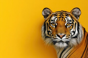 Fototapeta premium the tiger cautiously peeks out from around the corner on a colored background. Copy space. generative AI.