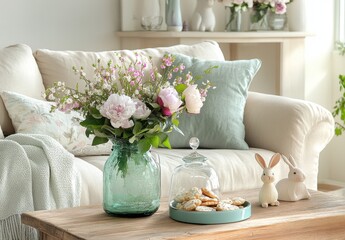 Beautiful floral arrangement in a vintage vase on a rustic coffee table with cozy couch, decorations, and delightful treats in a bright living room setting.