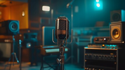 Vintage microphone and music equipment set in a recording studio during evening hours